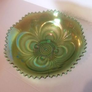 Peacock Tail Green Carnival Glass Bowl Candy Dish